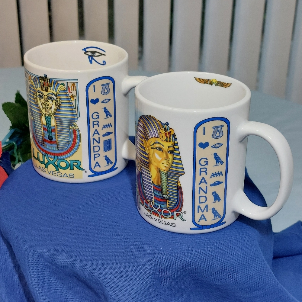 Pair of Vintage Luxor Las Vegas Casino Coffee Mugs Ancient Egypt, Grandparents